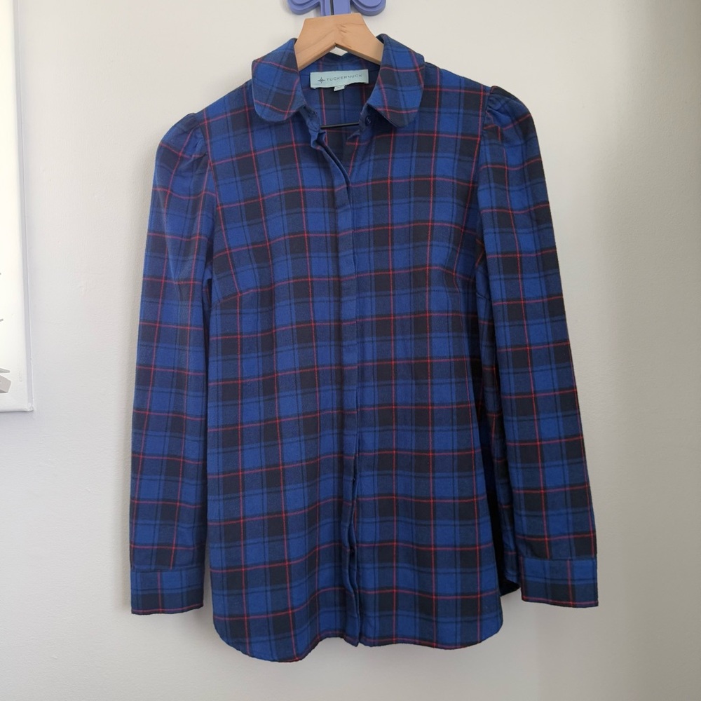 Tuckernuck XS Blue Plaid Puff Shoulder Flannel Shirt Saranac Western Country